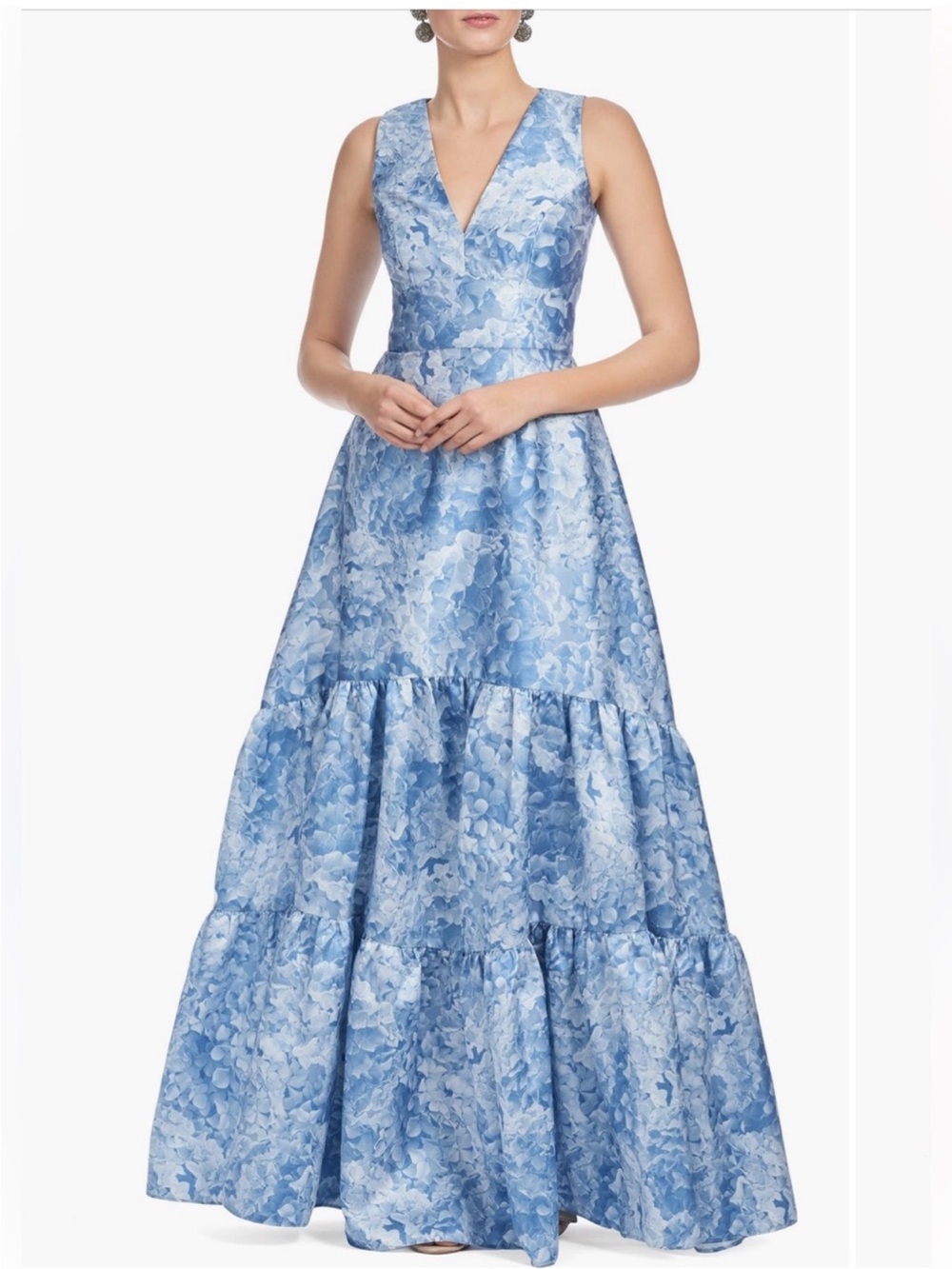 ✨NEW✨ Sachin & Babi Rori Floral Tiered Mikado Gown Hydrangea Blooms Blue